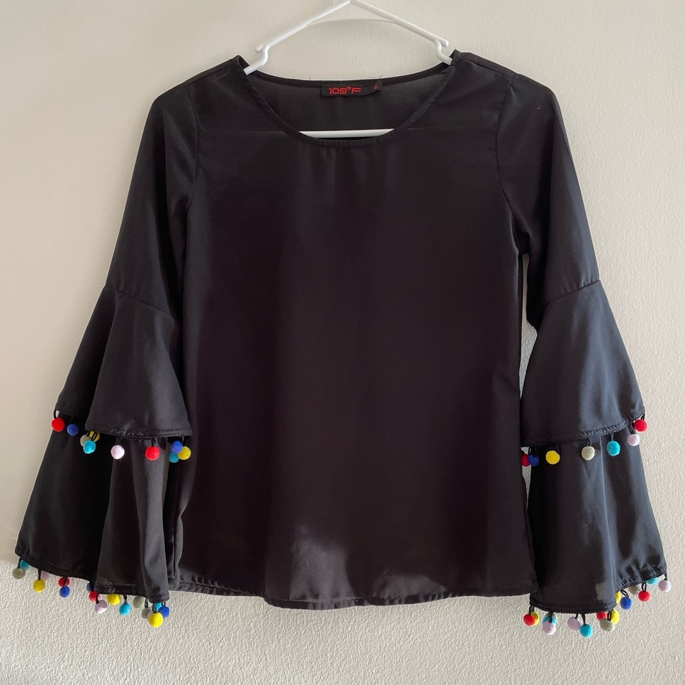 109F Black Top with Colorful pompoms